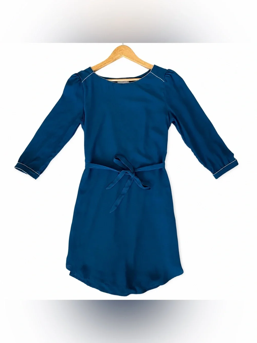 H&M Teal/Blue Dress, Self-Tie Waist, Beaded Neckline/Cuffs, Size 4 - Picture 2 of 8